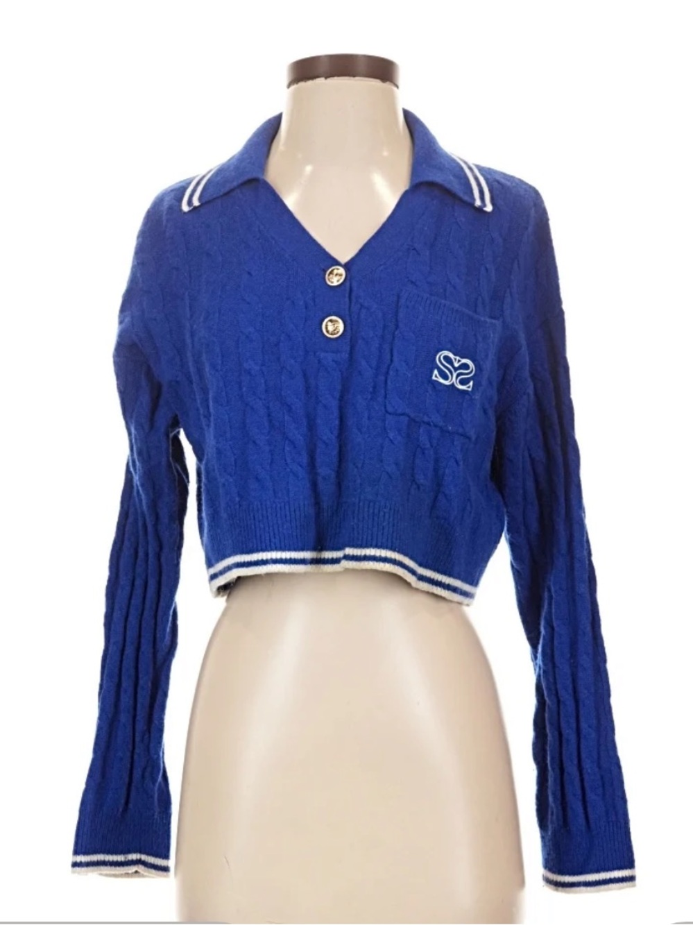 Sandro Royal Blue Cropped Cable-Knit Polo Sweater with White Trim